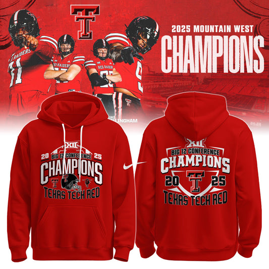 Texas Tech Red Raiders Football 2025 Big 12 Conference Champs Red Hoodie Unisex - 100% Cotton