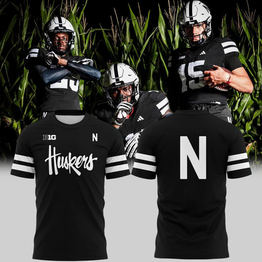 Special New Alternate Dark Mode Helmet Nebraska Cornhuskers Logo Tshirt In Black