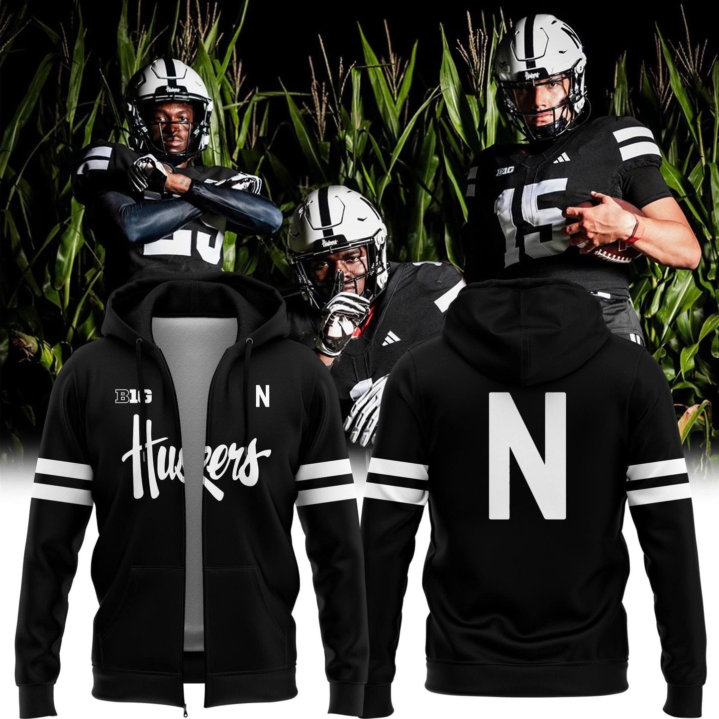 Special New Alternate Dark Mode Helmet Logo Nebraska Cornhuskers Zip Hoodie In Black