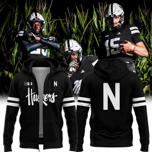 Special New Alternate Dark Mode Helmet Logo Nebraska Cornhuskers Zip Hoodie In Black