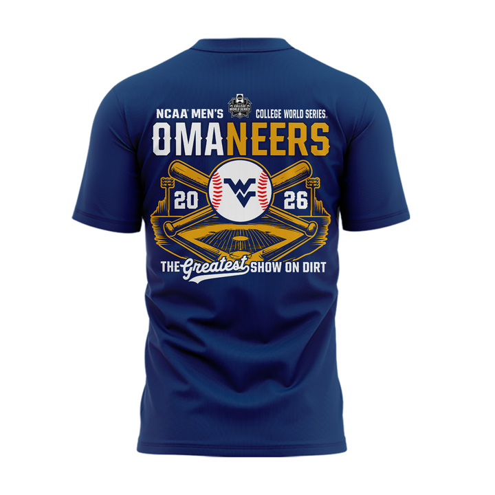1.West Virginia Mountaineers 2026 NCAA Baseball Men's College World Series Omaneers Navy T-Shirt