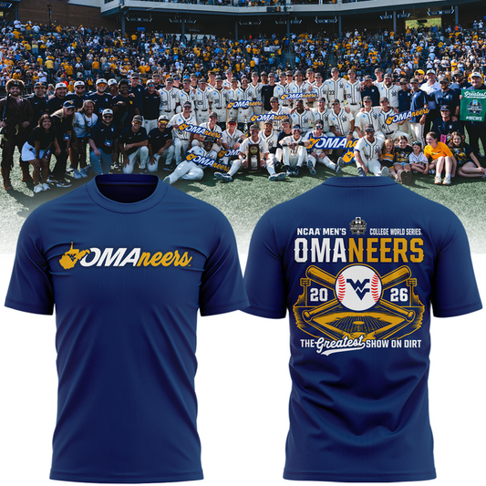 1.West Virginia Mountaineers 2026 NCAA Baseball Men's College World Series Omaneers Navy T-Shirt