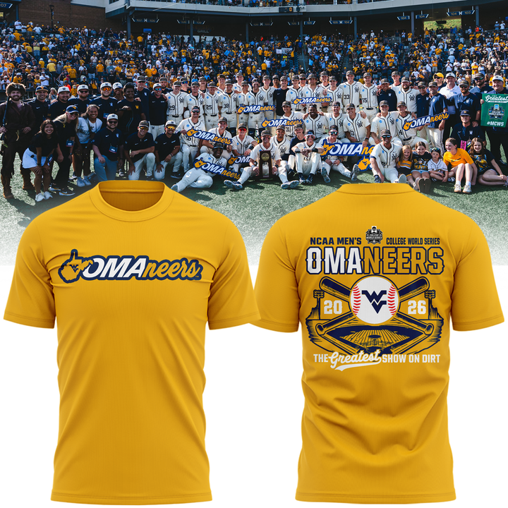 1.West Virginia Mountaineers 2026 NCAA Baseball Men's College World Series Omaneers Yellow T-Shirt