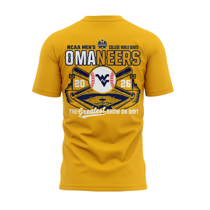 1.West Virginia Mountaineers 2026 NCAA Baseball Men's College World Series Omaneers Yellow T-Shirt