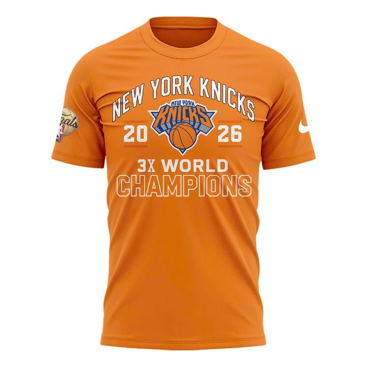 New York Knicks 2026 Champions 3-Time Champions Orange T-Shirt