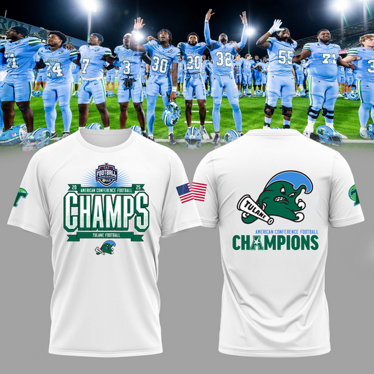 Tulane 2025 American Championship White T-Shirt - Tulane Green Wave Football Champions T-Shirt - Twinkle My Toes Merch