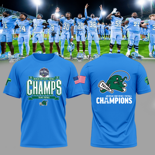 Tulane 2025 American Championship Blue T-Shirt - Tulane Green Wave Football Champions T-Shirt - Twinkle My Toes Merch