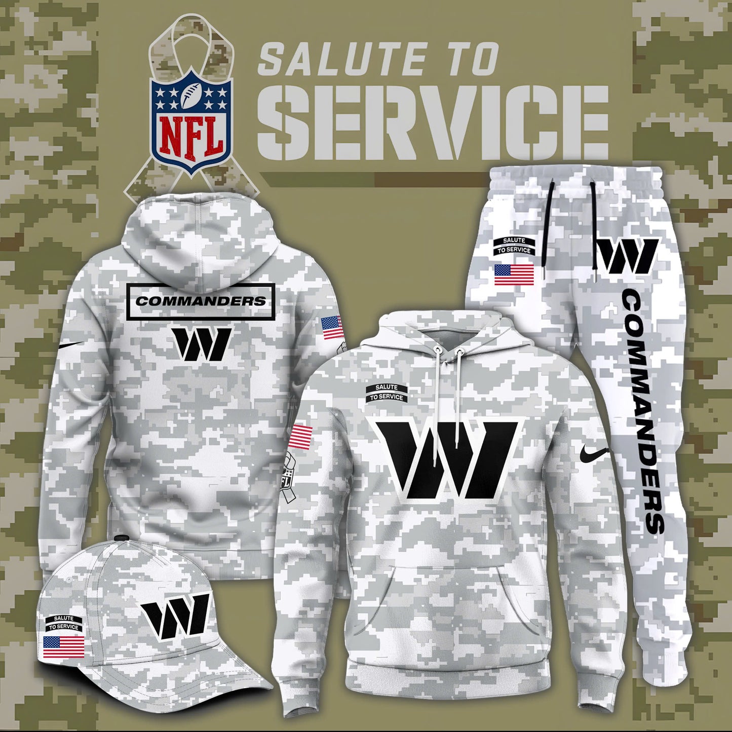 Washington Commanders Hoodie, Washington Commanders 2024 Salute to Service Club Fleece Pullover Arctic Camo Hoodie