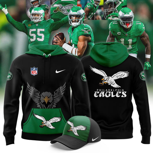 Premium Philadelphia Eagles Gear - Black-Green Philadelphia Eagles 2024 Throwback Hoodie PE04