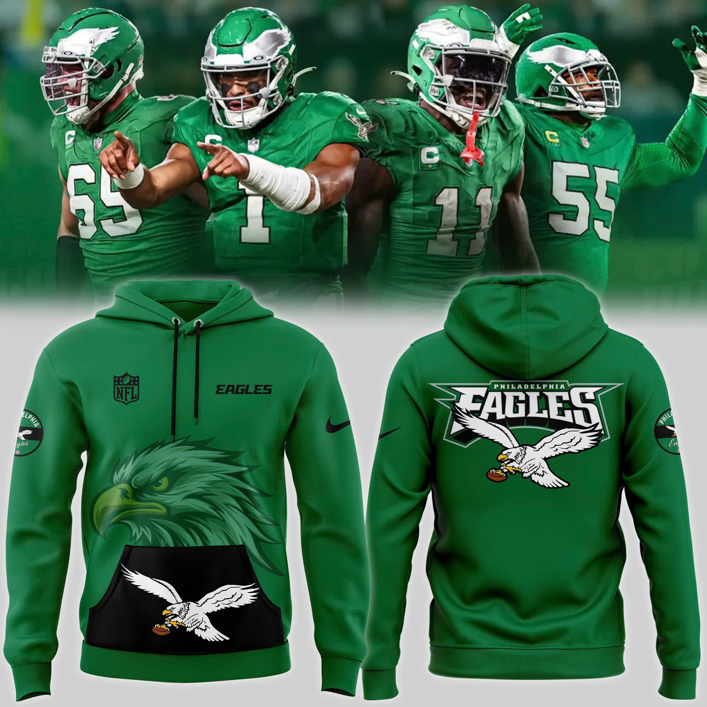 Premium Philadelphia Eagles Gear - Kelly Green Philadelphia Eagles 2024 Throwback Special Hoodie PE06