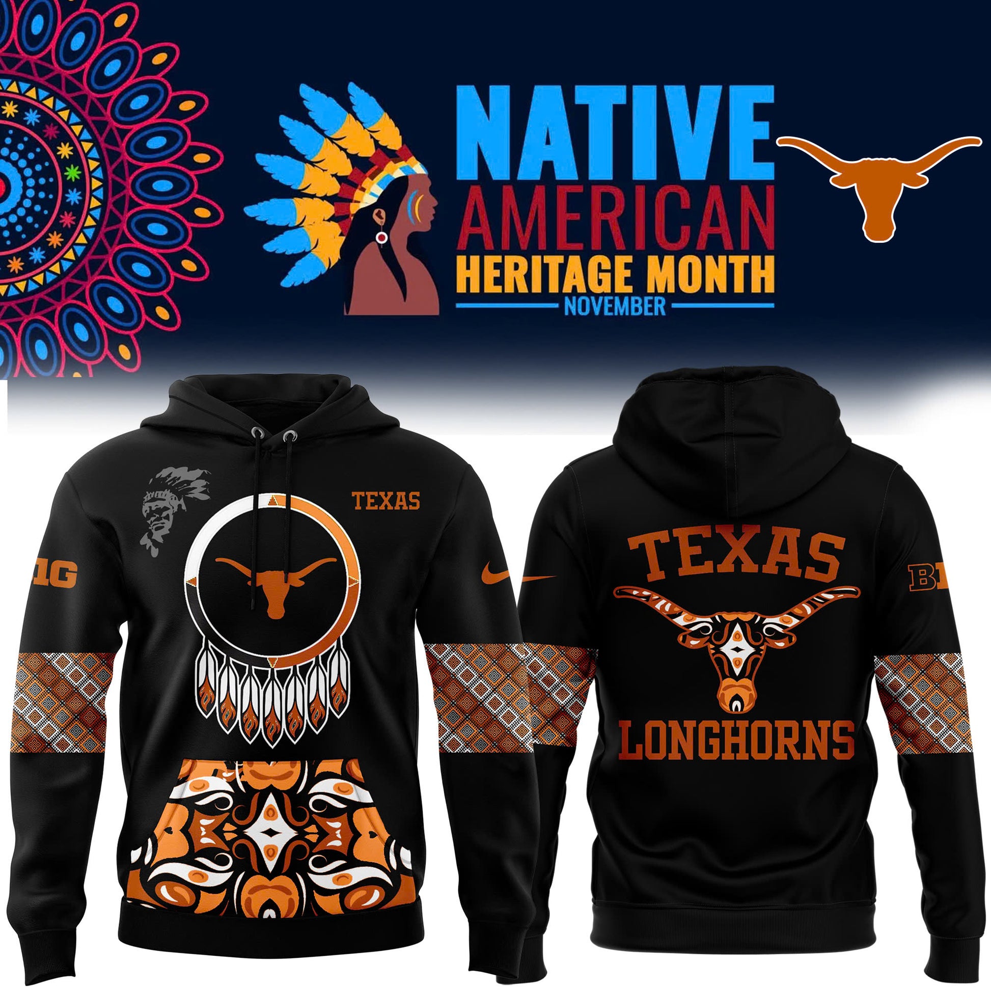 Texas Longhorns 2024 Native American Heritage Month Premium Limited Pullover Hoodie V2