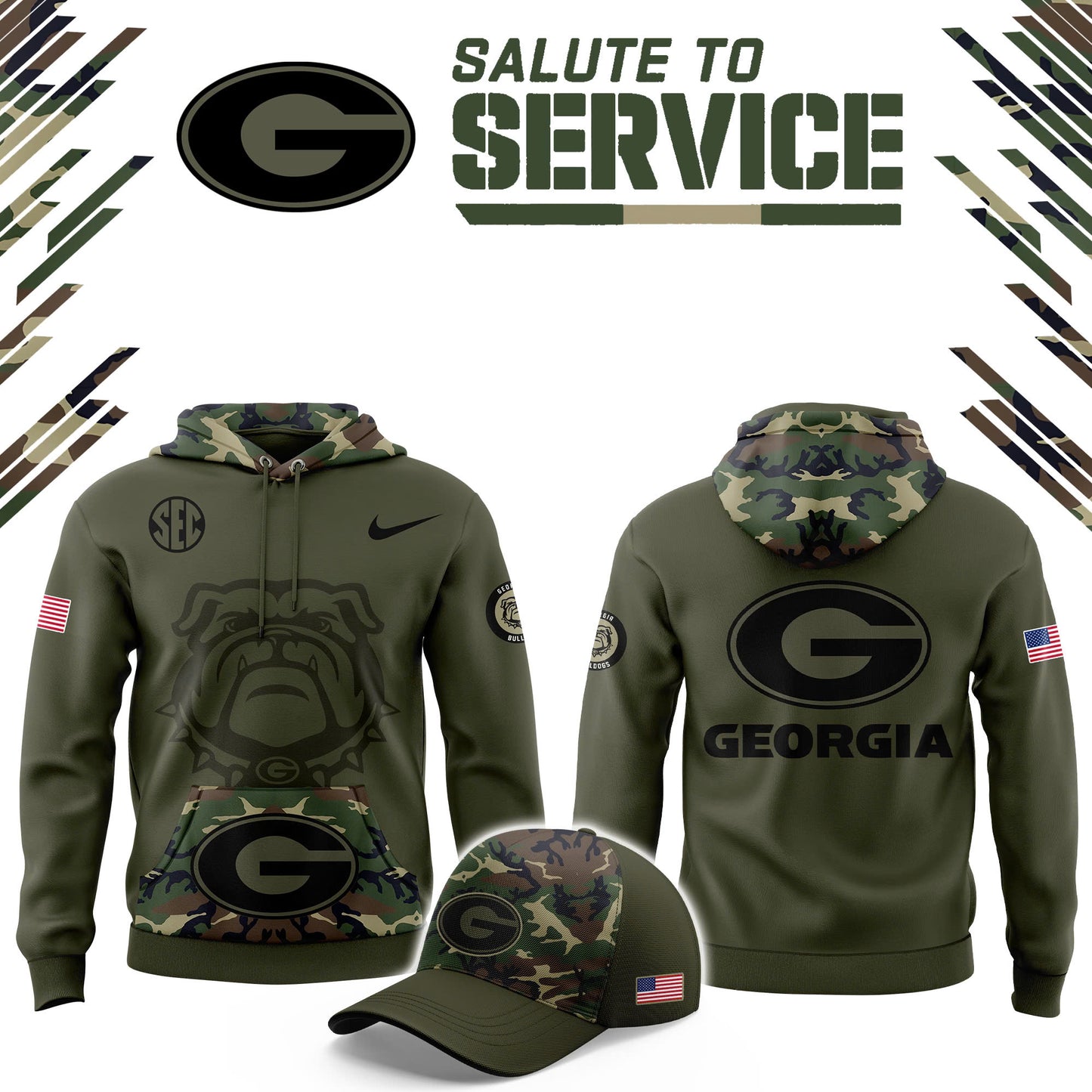 Premium Georgia Bulldogs Hoodie - Georgia 2024 Salute to Service Club Fleece Edition Hoodie GB03 - Georgia Bulldogs Camo Hoodie Set